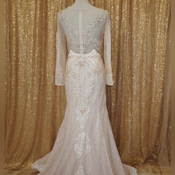 Blush Pink Lace Evening Gown | Long Sleeve Formal Wedding / Prom Dress | Size 8 - Picture 7 of 8